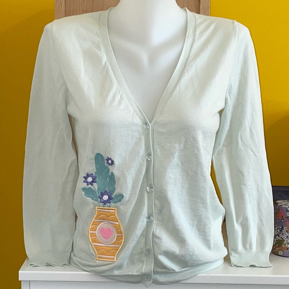J. Crew Featherweight Cotton Bling-Button Cardigan with Cute Appliqué Embroidery